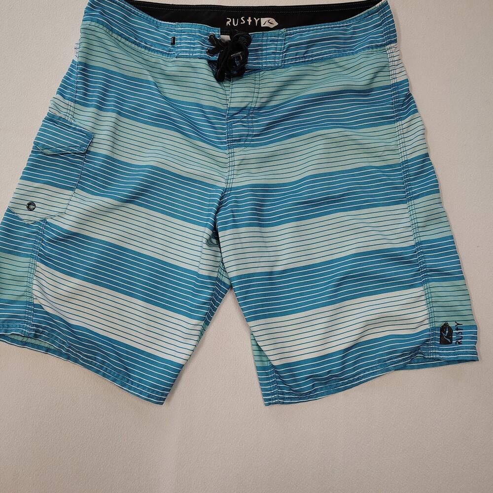 Rusty Men’s Board Shorts Blue Striped Surf Swim Trunks Size 34